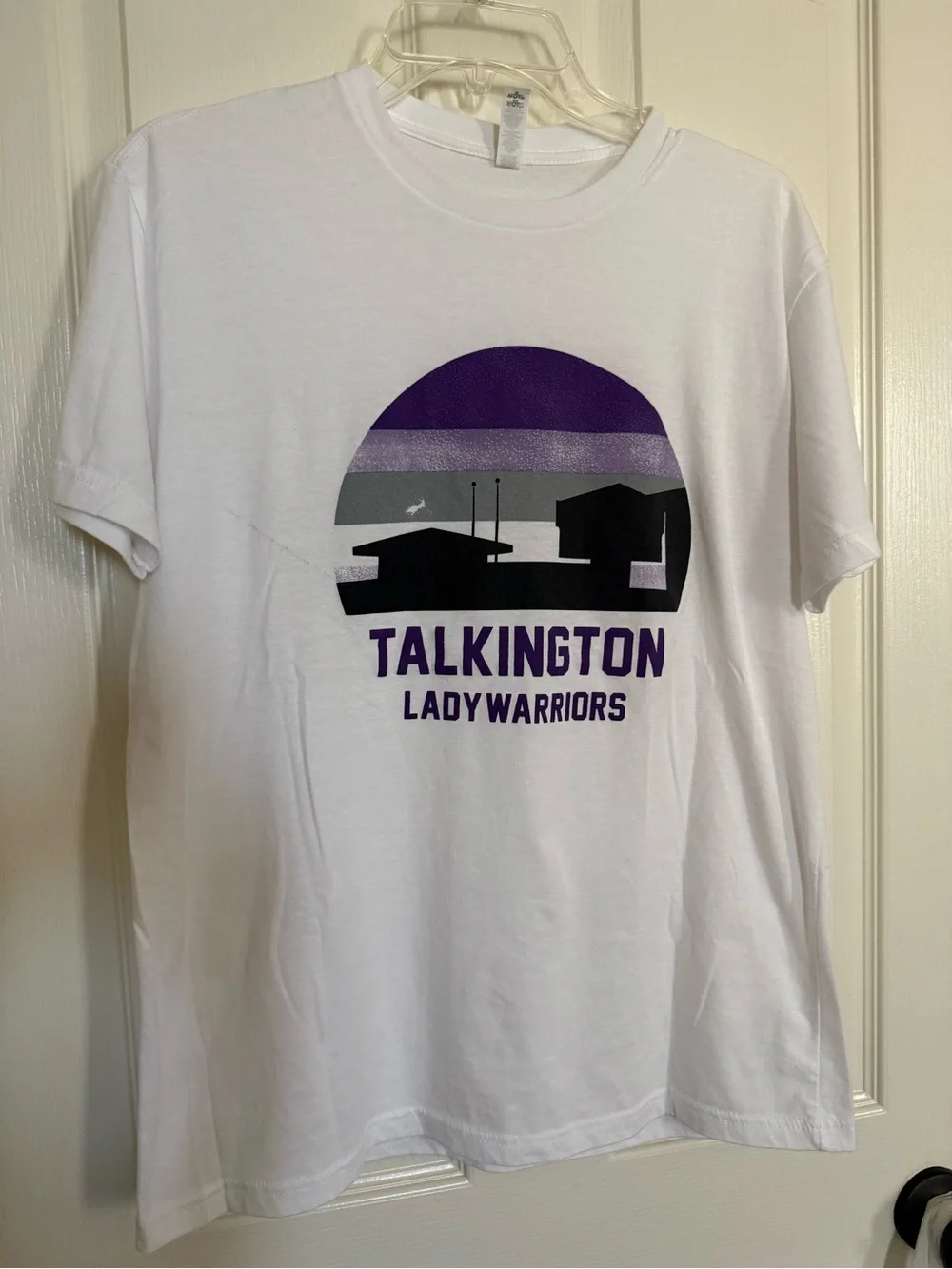 Jerzees White Tee and Black Track Pants with Purple Graphic